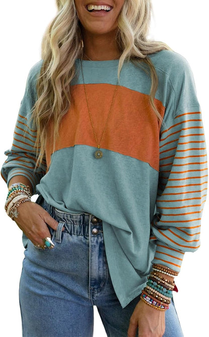 Long Sleeve Tops Oversized 2025 Trendy round Crew Neck Casual Color Block Womens Shirts Blouses