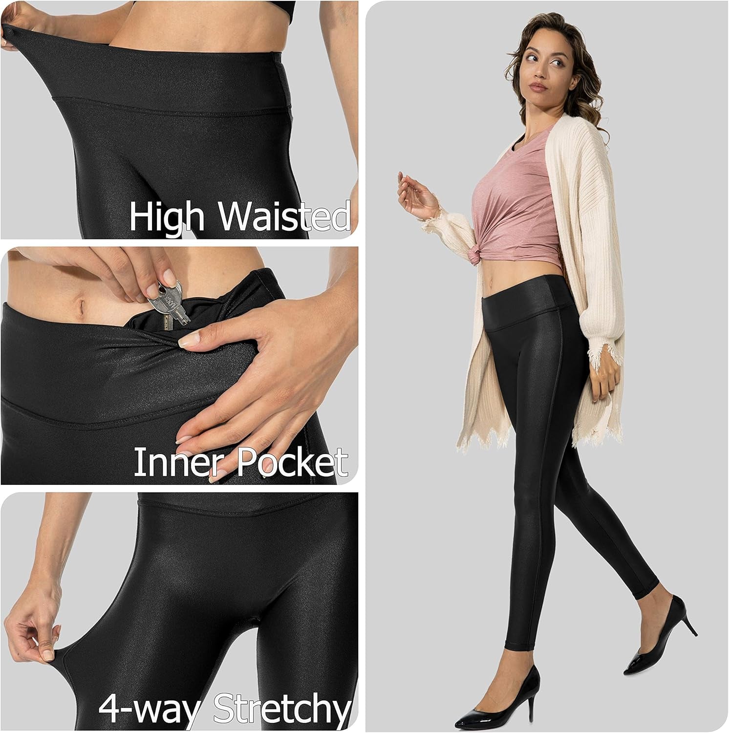 Women'S 25.5''/27'' Faux Leather Leggings Pants Stretch High Waisted Tights for Women