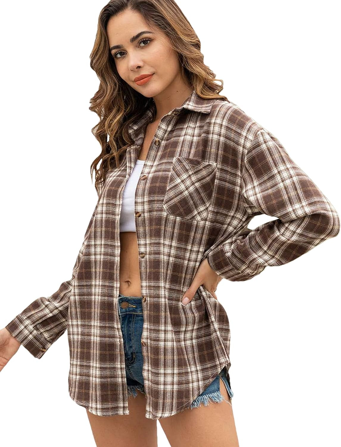 Oversized Flannel Shirt Women Long Sleeve Plaid Button Buffalo Shirt Blouse Tops with One Pocket