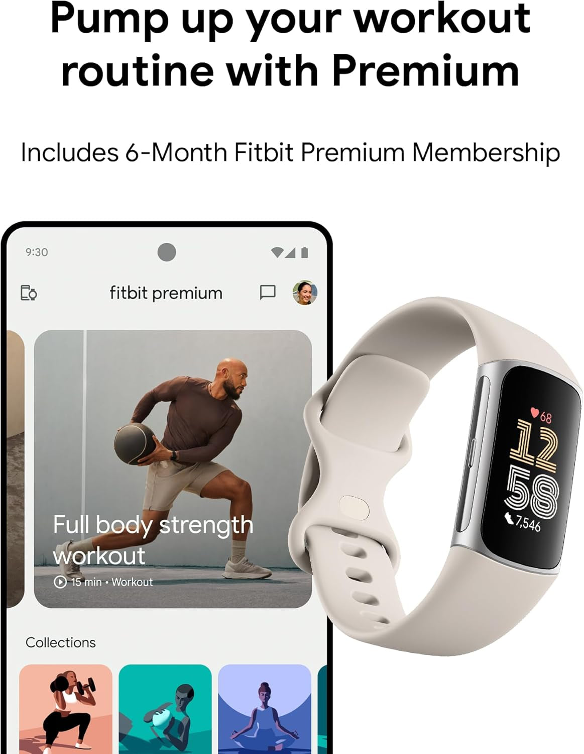 Charge 6 Fitness Tracker with Google Apps, Heart Rate on Exercise Equipment, 6-Months Premium Membership Included, GPS, Health Tools and More, Porcelain/Silver, One Size (S & L Bands Included)