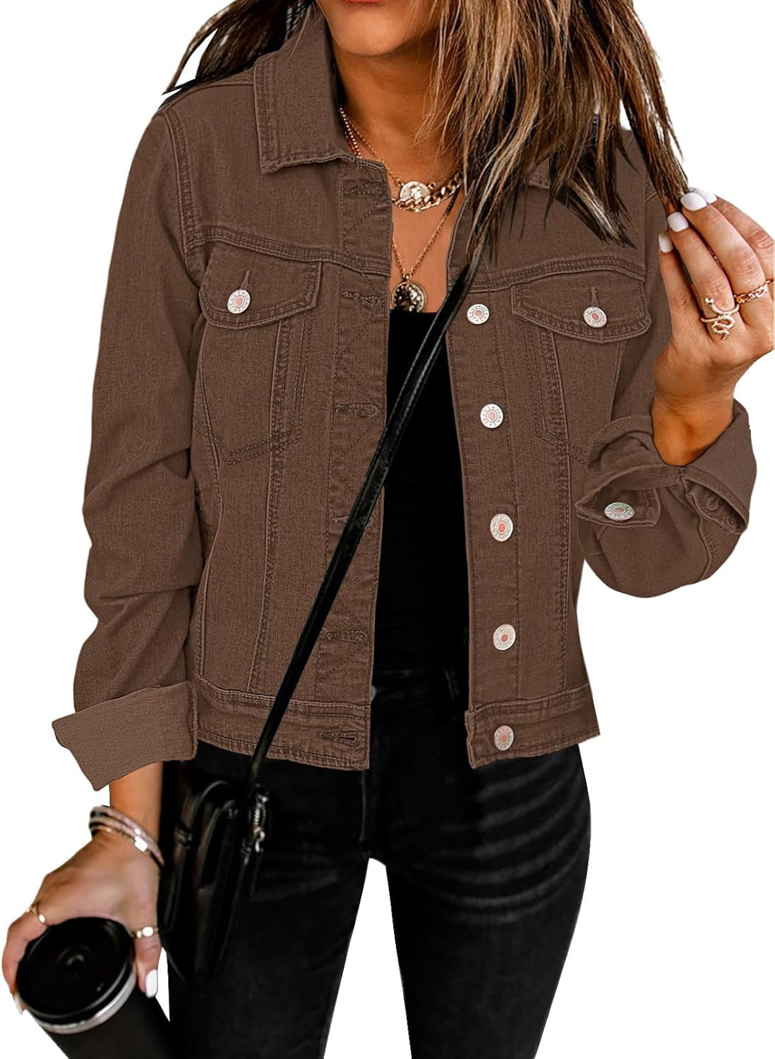 Women'S Basic Button down Long Sleeve Stretchy Jean Trucker Denim Jacket