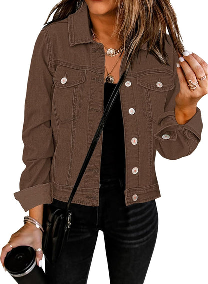 Women'S Basic Button down Long Sleeve Stretchy Jean Trucker Denim Jacket