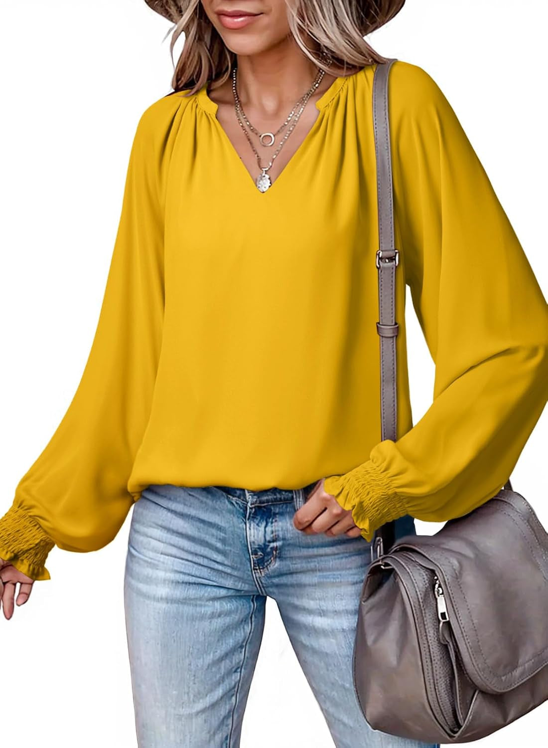 Womens Blouses Dressy Casual Flowy Boho Tops V Neck Long Sleeve Shirts