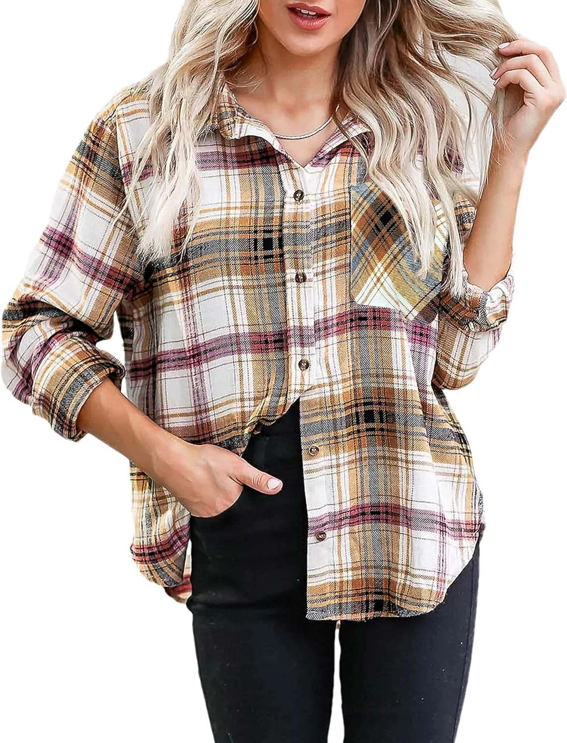 Oversized Flannel Shirt Women Long Sleeve Plaid Button Buffalo Shirt Blouse Tops with One Pocket