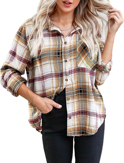 Oversized Flannel Shirt Women Long Sleeve Plaid Button Buffalo Shirt Blouse Tops with One Pocket