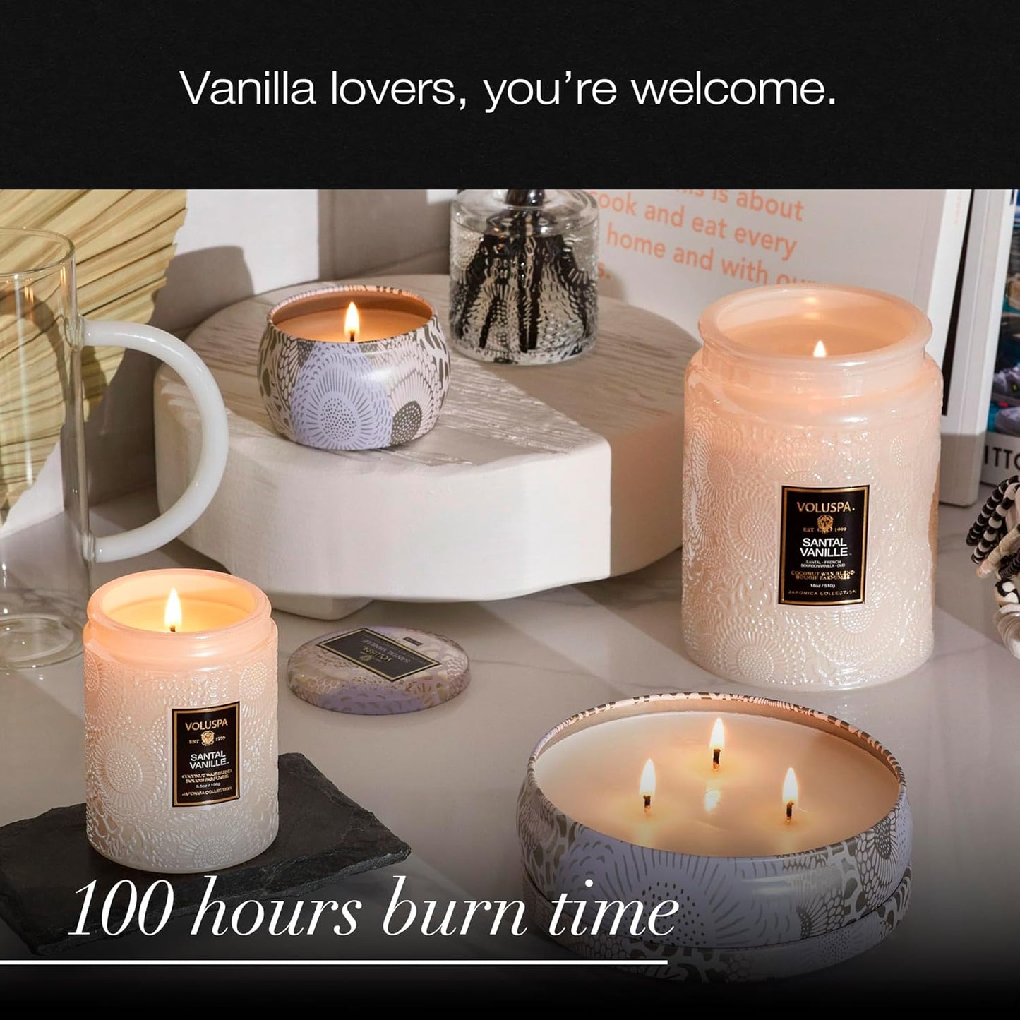 Santal Vanille Candle, 18 Oz, Coconut Wax Blend, Scented Candles for Home, 100 Hour Burn Time, Candle Jars