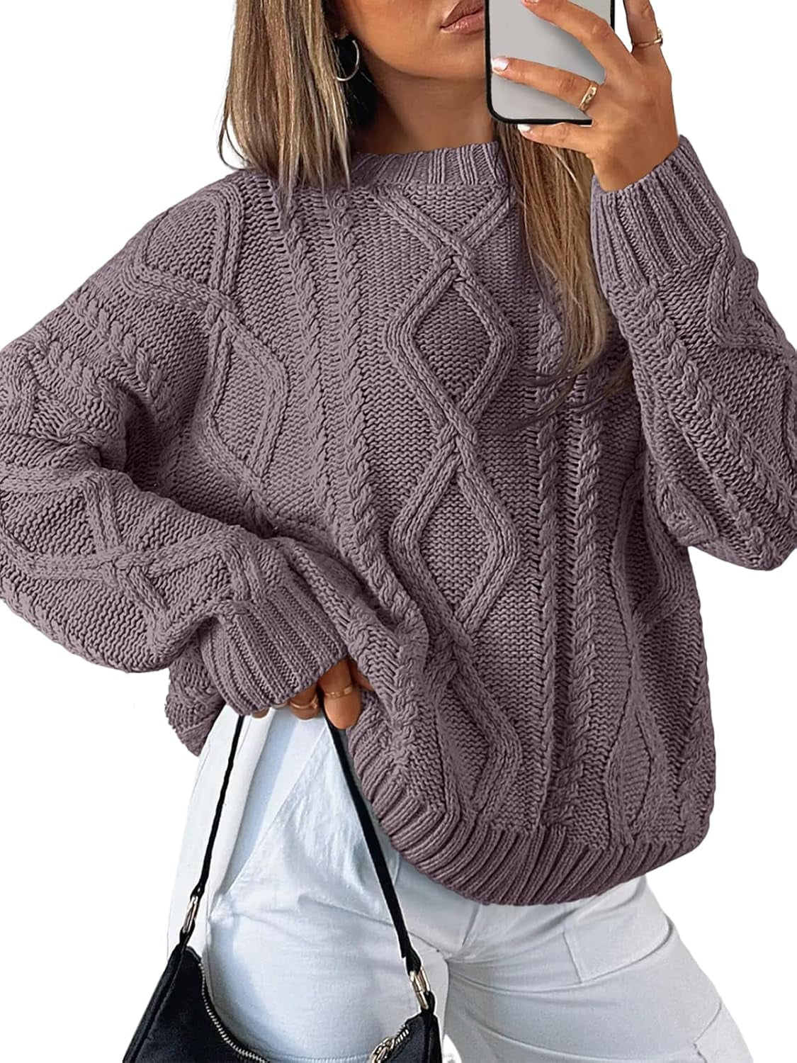 Women'S Oversized Cable Knit Crewneck Sweaters