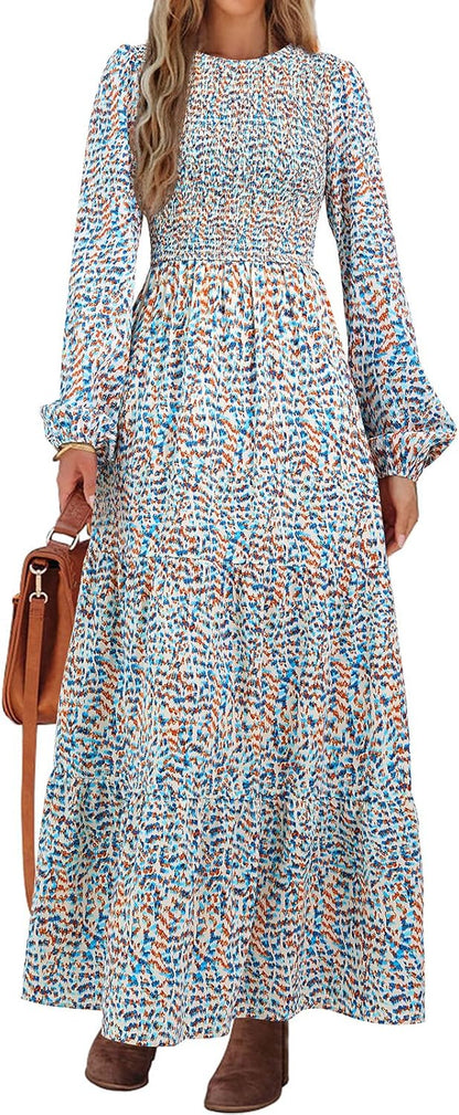 Women'S Spring Dresses 2026 Long Sleeve Flowy Casual Floral Maxi Dress Crew Neck Smocked Tiered Long Dress