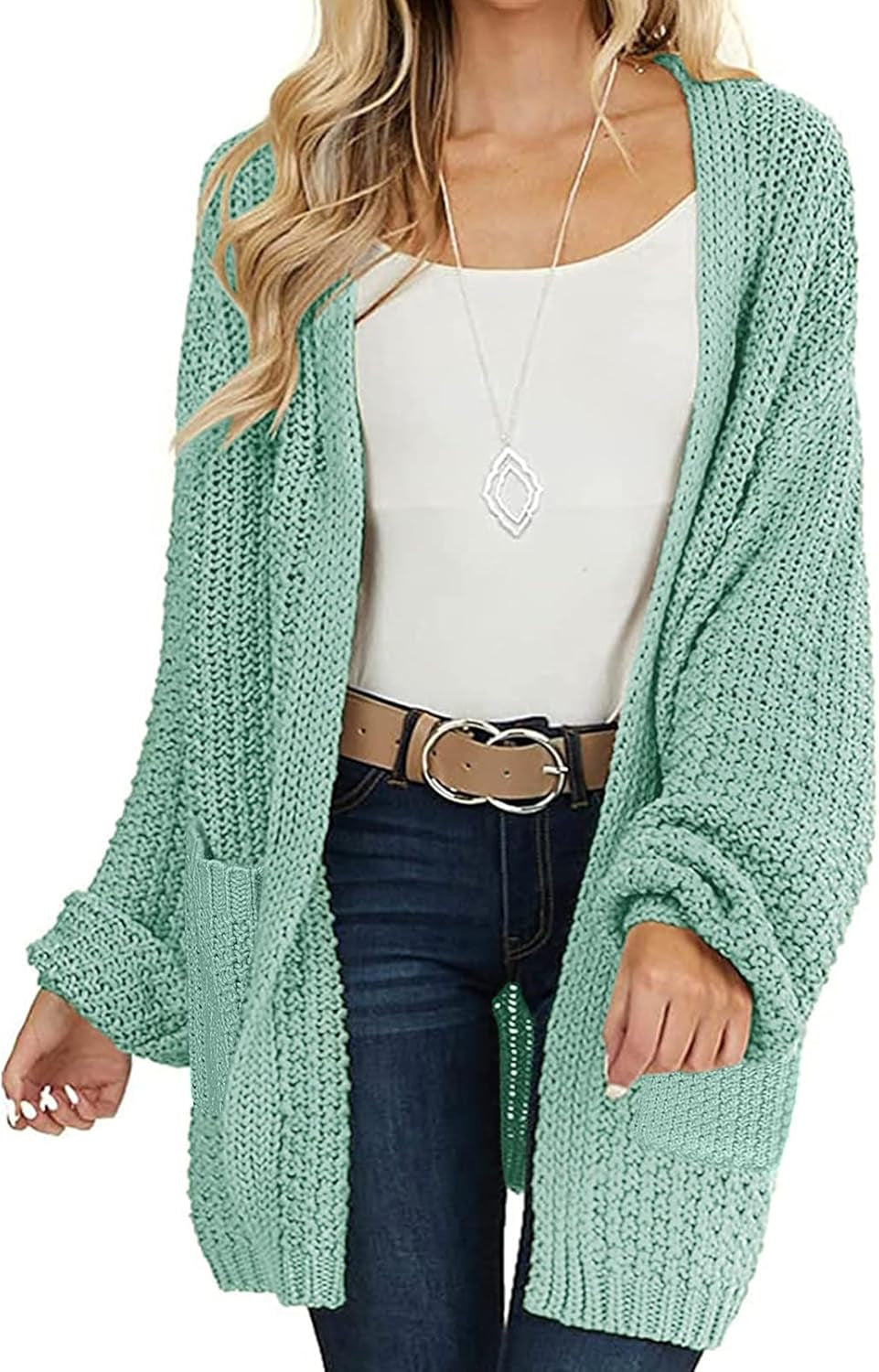 Women'S 2025 Fall Open Front Chunky Knit Sweater Oversized Lantern Sleeve Cardigan Outwear