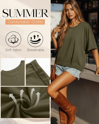 3 Pack Women'S Oversized T-Shirt Half Sleeve Summer Tees Casual Loose Fit Crew Neck Basic Tops