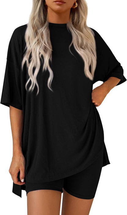 Women 2 Piece Lounge Set 2026 Summer Casual Oversized Shirts Biker Shorts Matching Airport Travel Outfit Clothes