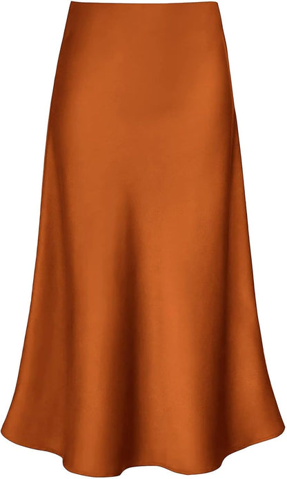 Women'S Satin High Waist Hidden Elasticized Waistband Flared Casual a Line Midi Skirt
