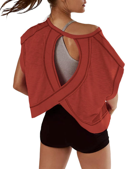 Women Short Sleeve Workout Shirts Open Back Tops Casual Yoga Y2K Athletic Gym Slouchy Crop Running Tees