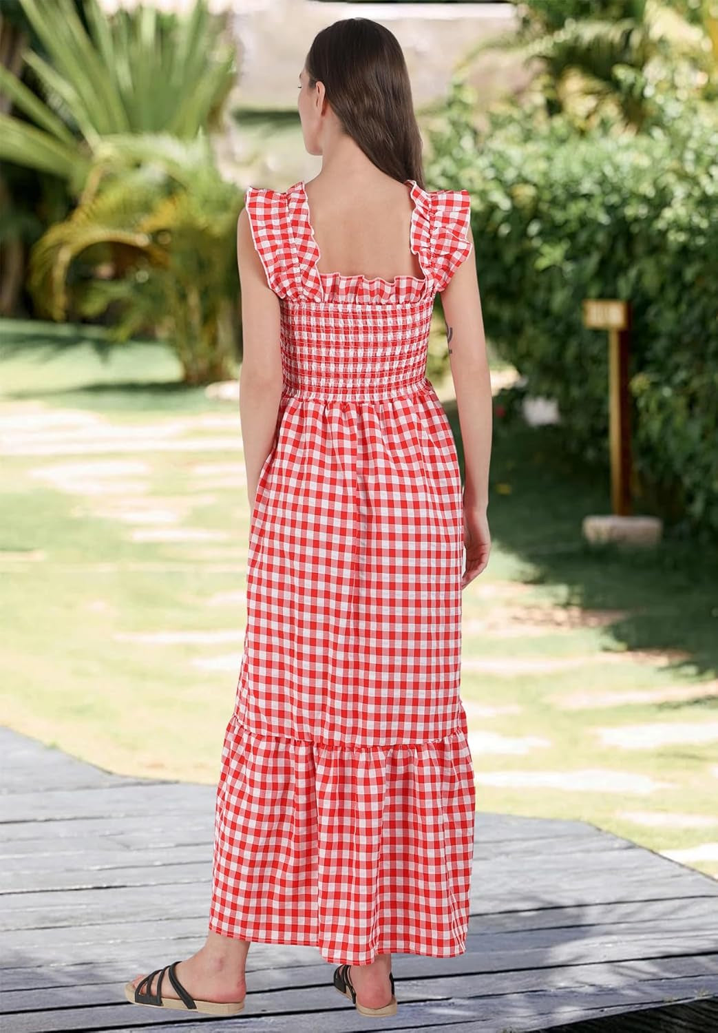 Women'S Retro Plaid Smocked Dress Spaghetti Strap Flounce Long Dress