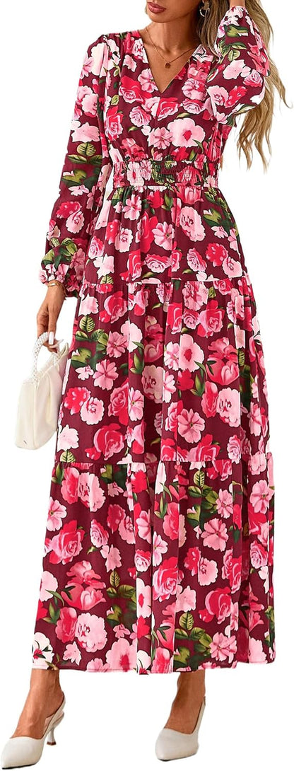 Long Sleeve Maxi Fall Dresses for Women 2026 Vneck Smocked Boho Floral Tiered Swing Flowy Wedding Guest Dress
