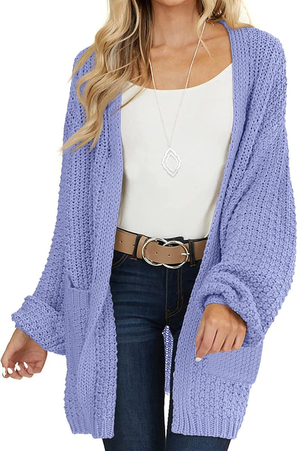 Women'S 2025 Fall Open Front Chunky Knit Sweater Oversized Lantern Sleeve Cardigan Outwear