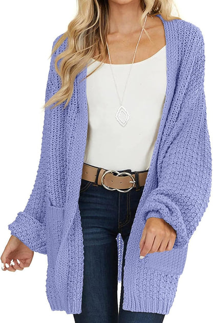 Women'S 2025 Fall Open Front Chunky Knit Sweater Oversized Lantern Sleeve Cardigan Outwear