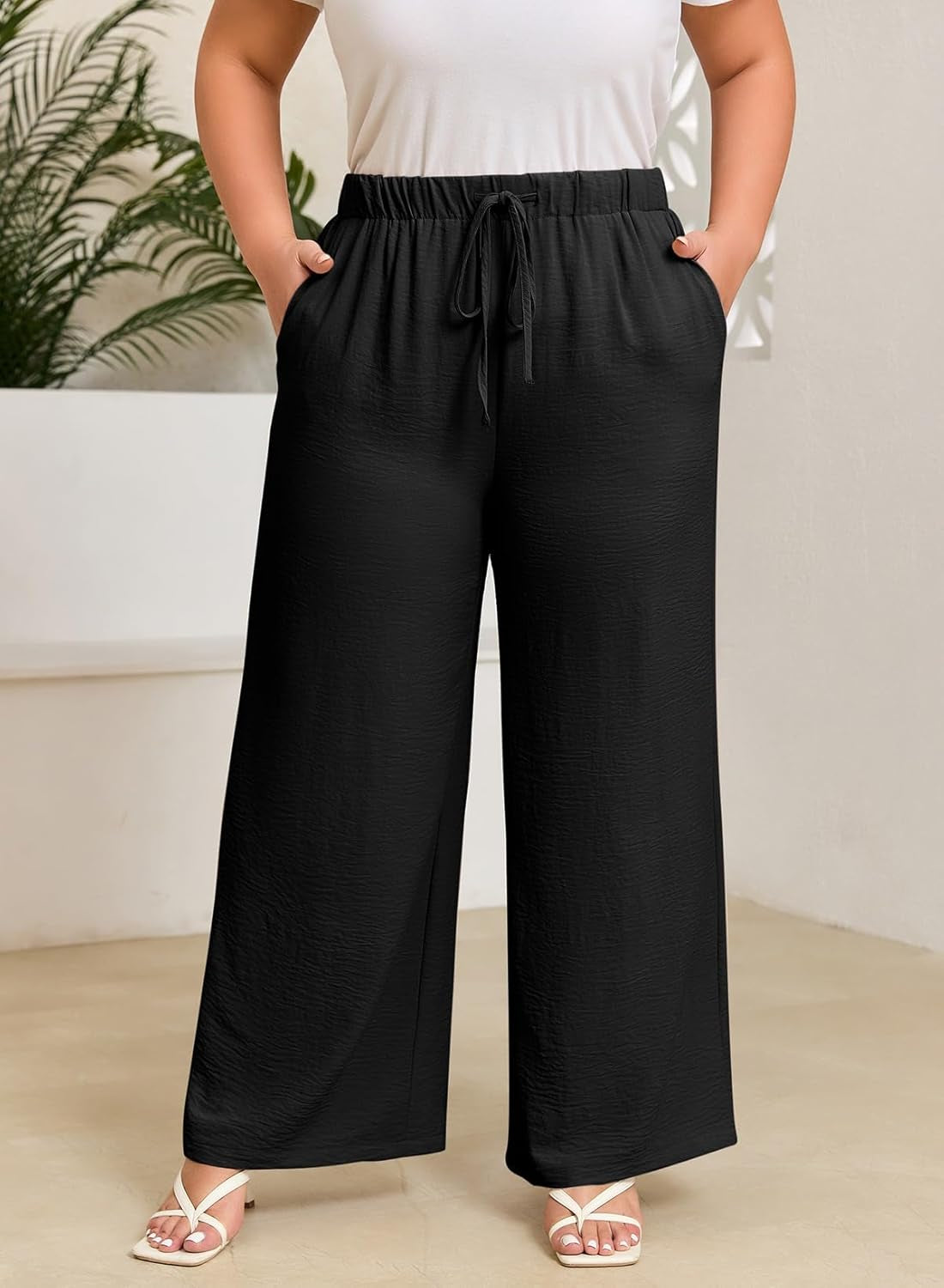Womens plus Size Pants Summer Elastic High Waist Drawstring Casual Loose Wide Leg Trousers Pants with Pockets(1X-5X)