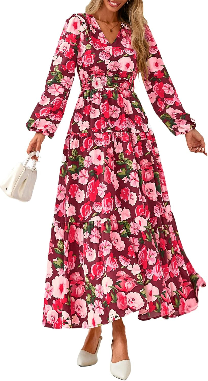 Long Sleeve Maxi Fall Dresses for Women 2026 Vneck Smocked Boho Floral Tiered Swing Flowy Wedding Guest Dress