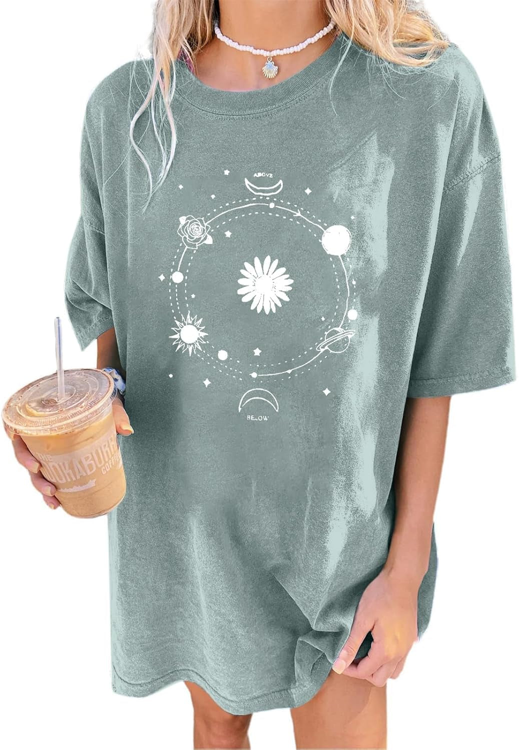 Women'S Casual Oversized T Shirt Short Sleeve Graphic Tee Letter Sun Moon Shirts