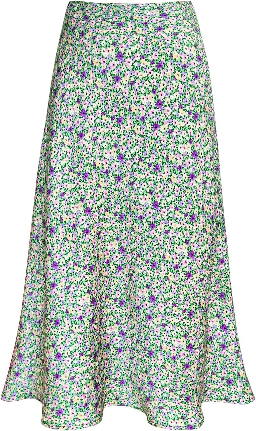 Women'S Satin High Waist Hidden Elasticized Waistband Flared Casual a Line Midi Skirt