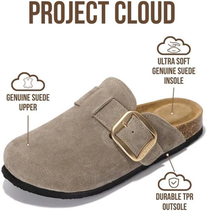 100% Genuine Leather Clogs for Women Shoes - Memory Foam Insole, Non-Slip & Natural Cork Footbed Arch Support Big Buckle Womens Clogs and Mules Footwear (Manchester)