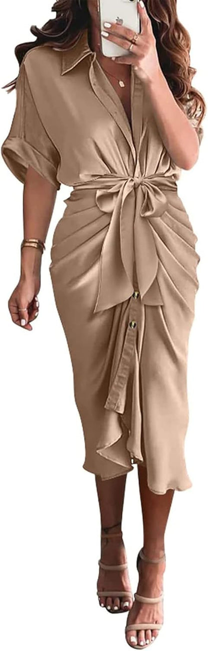 Shirt Dresses for Women Button down Short Sleeve Satin Ruched Maxi Spring Dress 2026 Cocktail Party Wedding Guest