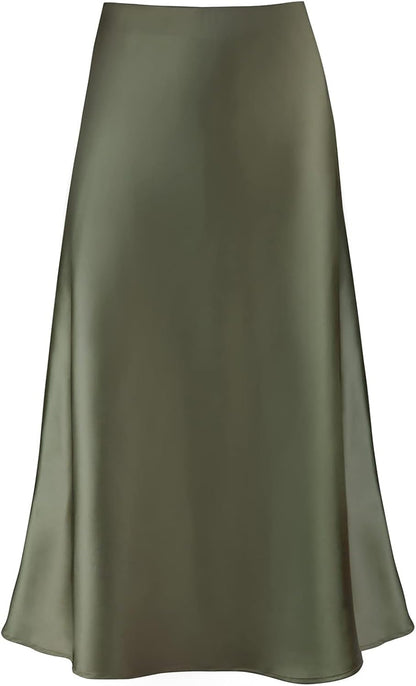 Women'S Satin High Waist Hidden Elasticized Waistband Flared Casual a Line Midi Skirt
