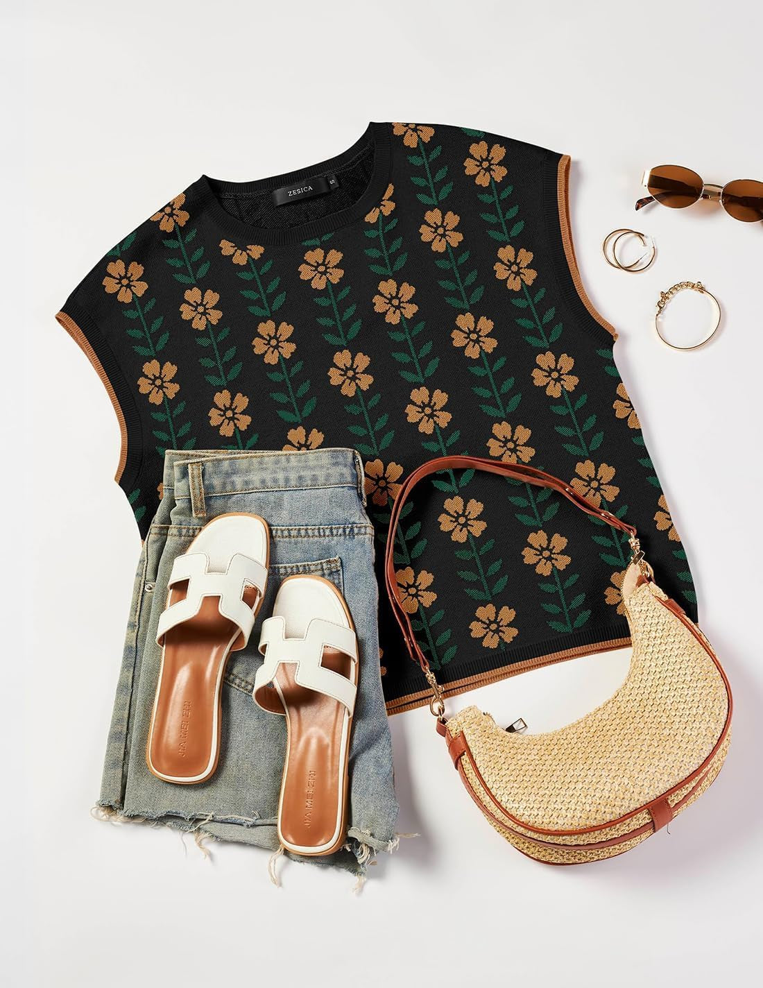 Womens Floral Sweater Vest Summer Short Sleeve Crew Neck Cute Loose Knit Tops 2026 Trendy Clothes Outfits