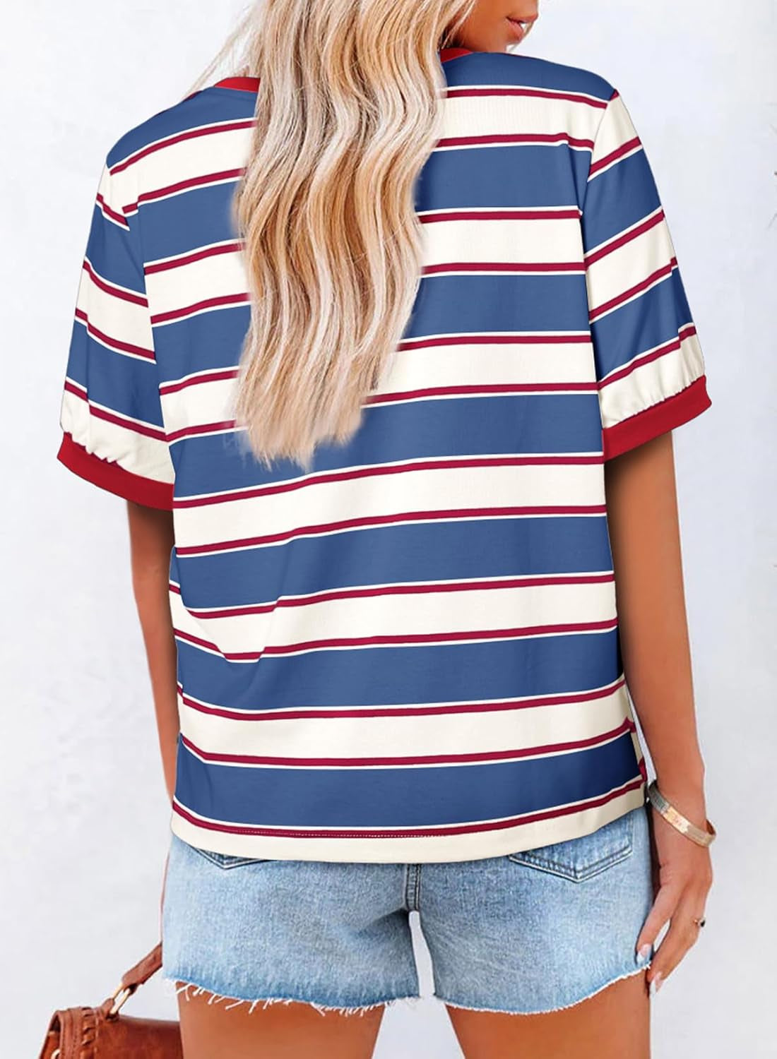 Womens Summer Tops 2025 Striped Color Block Short Sleeve T-Shirts Crewneck Casual Loose Basic Tee Blouses