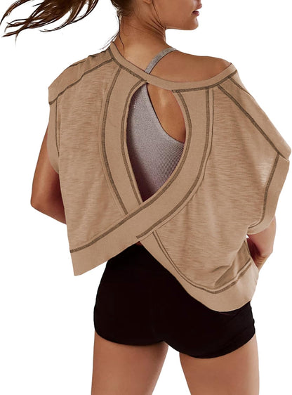 Women Short Sleeve Workout Shirts Open Back Tops Casual Yoga Y2K Athletic Gym Slouchy Crop Running Tees