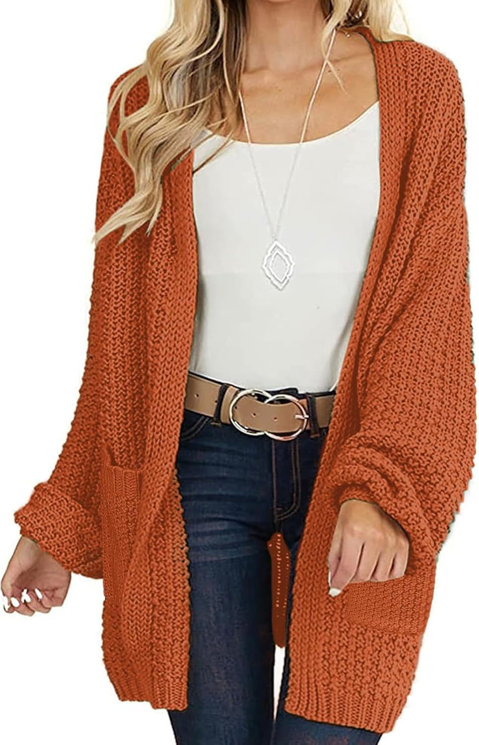Women'S 2025 Fall Open Front Chunky Knit Sweater Oversized Lantern Sleeve Cardigan Outwear