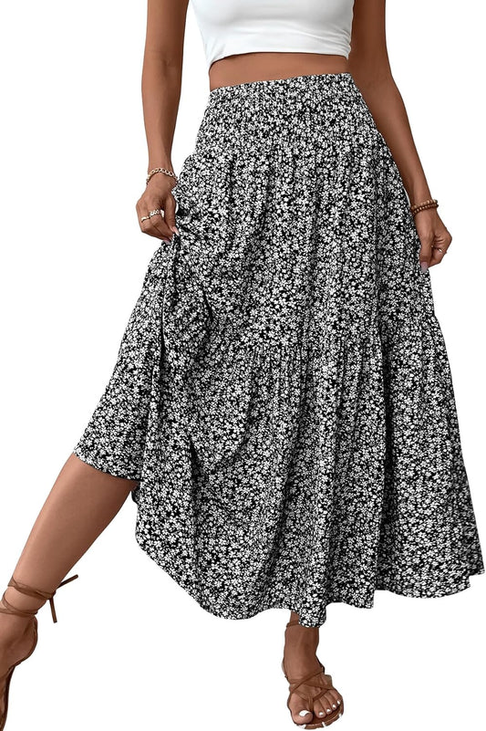 Women'S Smocked High Waist Maxi Skirt Casual Boho Long Skirts with Pockets