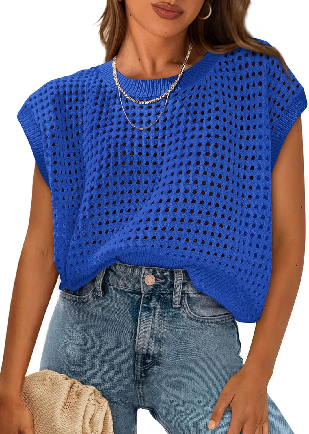 Womens Spring Tops 2026 Summer Shirts Crochet Cap Sleeve Sweater Pullover Cute Beach Vacation Clothes