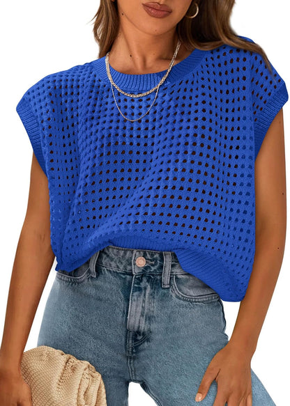 Womens Spring Tops 2026 Summer Shirts Crochet Cap Sleeve Sweater Pullover Cute Beach Vacation Clothes