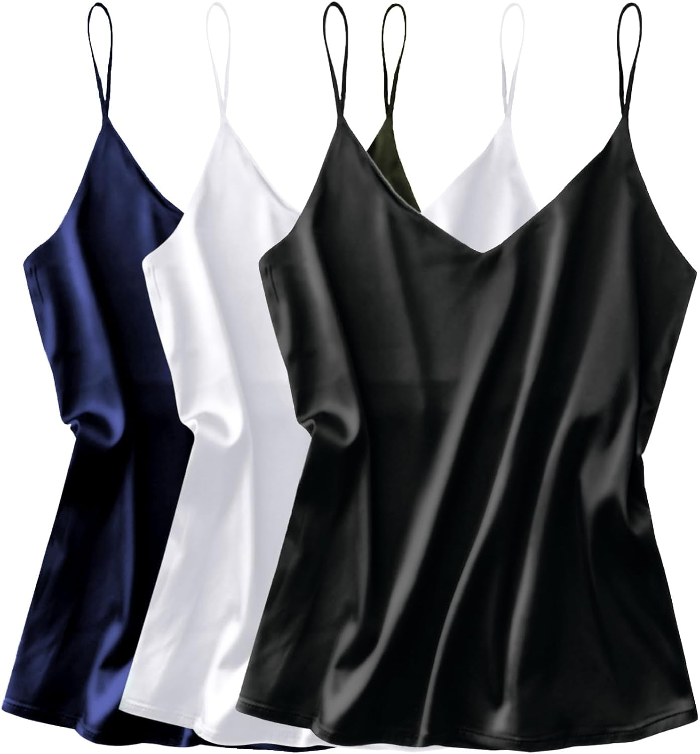 3 Pack: Womens Silk Satin Tank Top V Neck Camisole Cami Spaghetti Strap Top Loose Sleeveless Blouses Tank Shirt