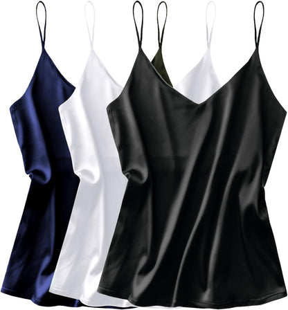 3 Pack: Womens Silk Satin Tank Top V Neck Camisole Cami Spaghetti Strap Top Loose Sleeveless Blouses Tank Shirt