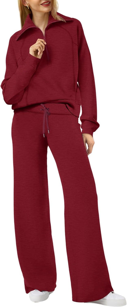 Lounge Sets for Women 2025 Half Zip Sweatshirt and Wide Leg Sweatpant 2 Piece Outfits Sweatsuit Tracksuit