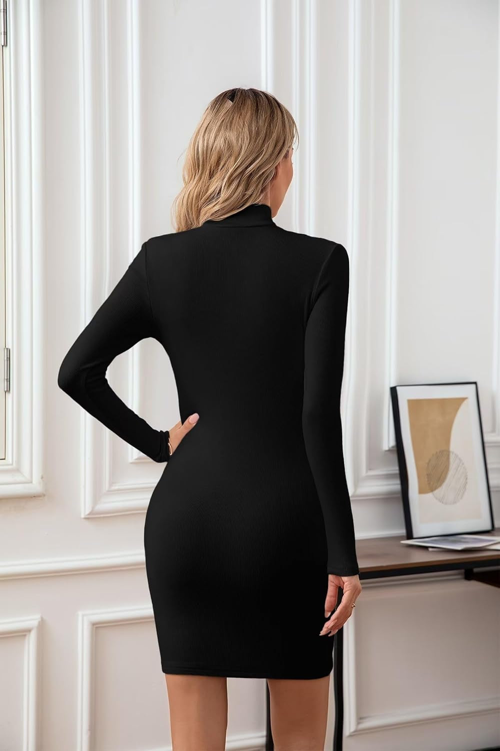 Women Mock Neck Ribbed Bodycon Dress Long Sleeve Mini Pencil Dresses