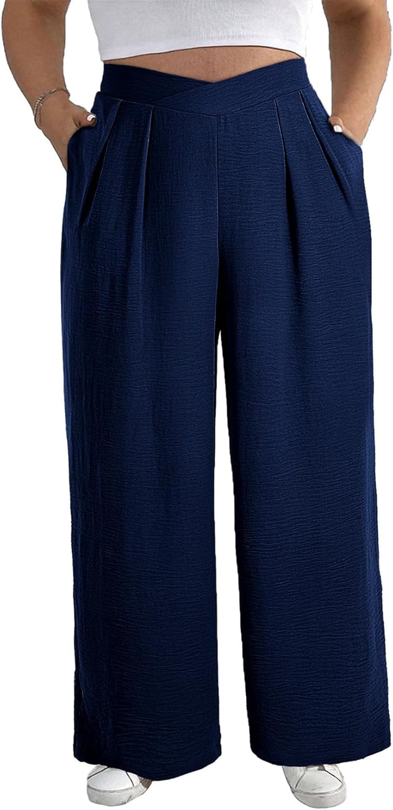 Womens plus Size Wide Leg Pants Crossover Waist Pleated Front Casual Work Pants Lounge Trouser with Pockets(1X-5X)