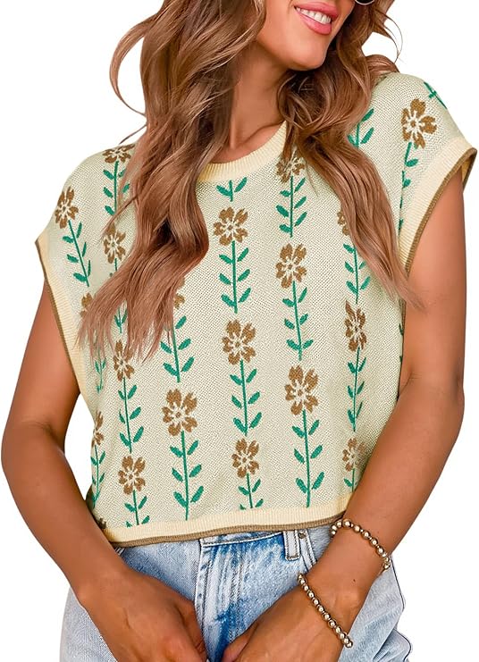 Womens Cap Sleeve Crop Tops Summer Color Block Going Out Crew Neck Knit Trendy Casual Sweater