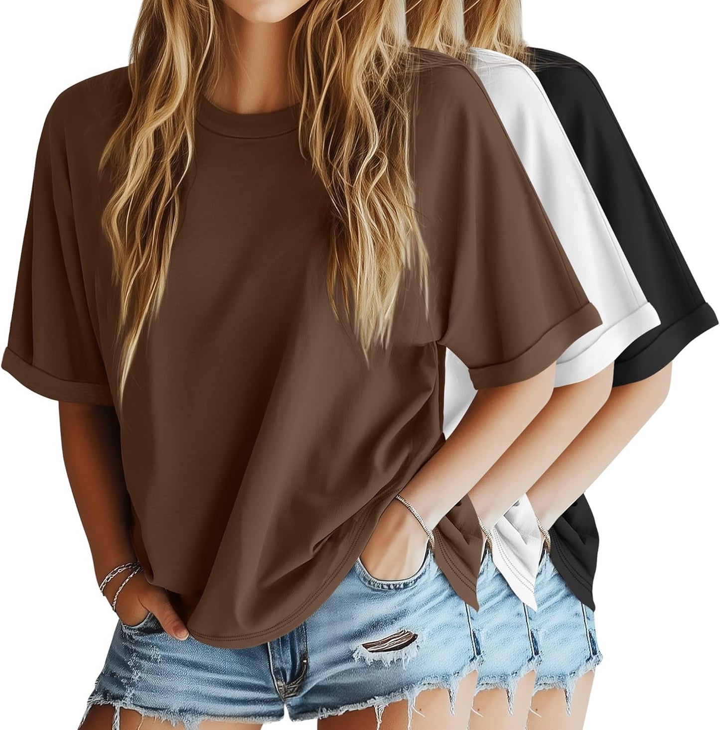 3 Pack Women'S Oversized T-Shirt Half Sleeve Summer Tees Casual Loose Fit Crew Neck Basic Tops