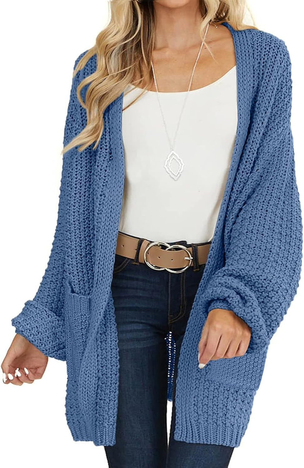 Women'S 2025 Fall Open Front Chunky Knit Sweater Oversized Lantern Sleeve Cardigan Outwear
