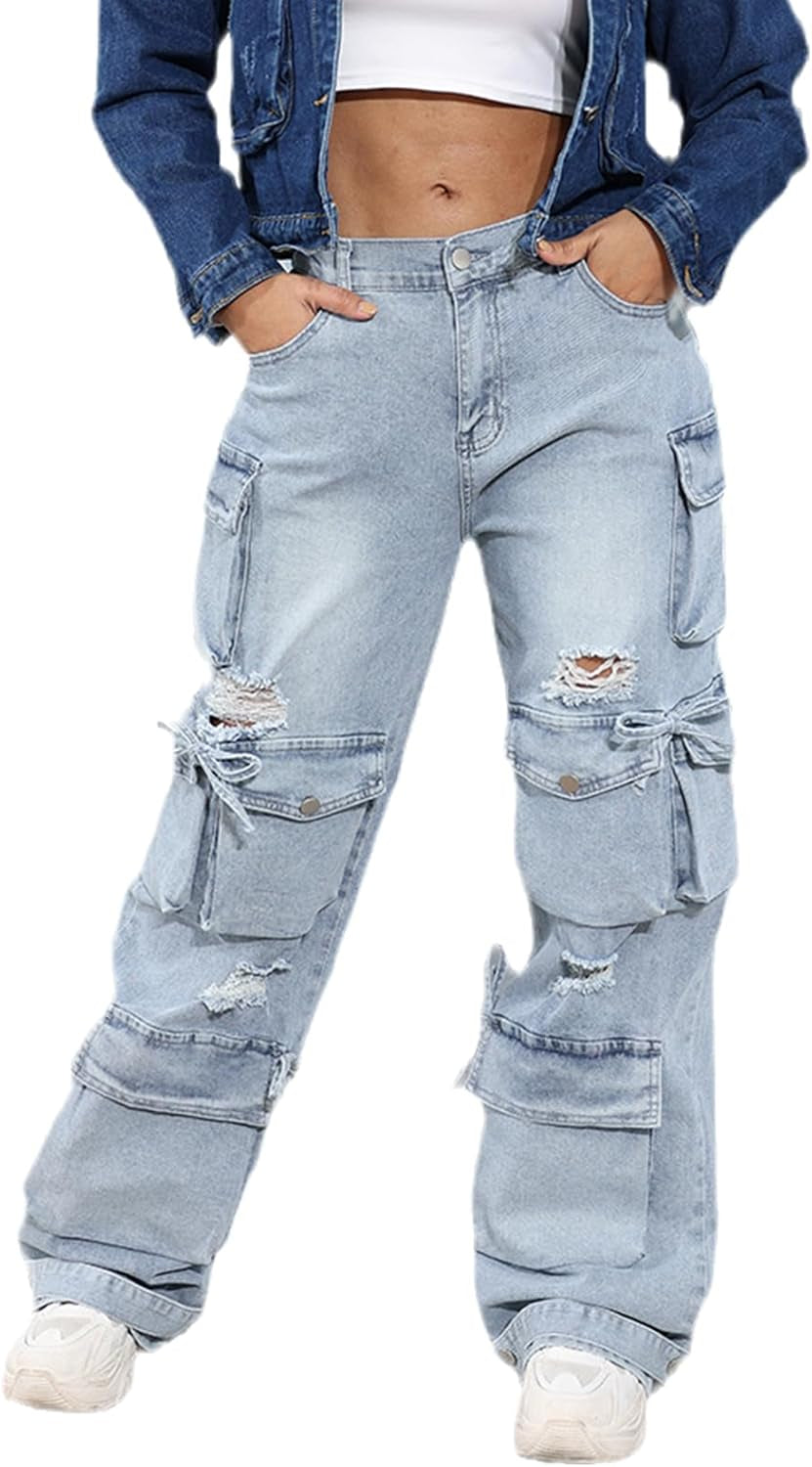 Women'S High Waist Baggy Jeans Flap Pocket Cargo Pants Loose Denim Pants Streetwear