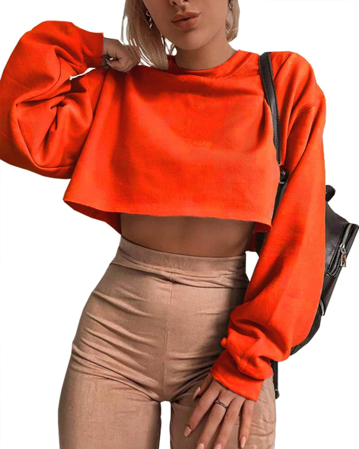 Women'S Crewneck Long Sleeve Crop Tops Workout Casual Pullover Loose Sweatshirts