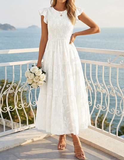 Women'S Summer Boho Floral Midi Dress 2026 Casual Flutter Short Sleeve Crewneck Smocked Flowy Beach Long Dresses