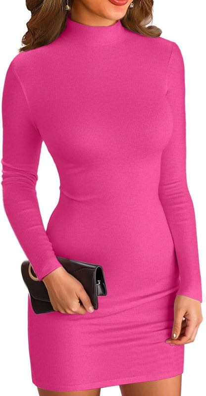 Women Mock Neck Ribbed Bodycon Dress Long Sleeve Mini Pencil Dresses