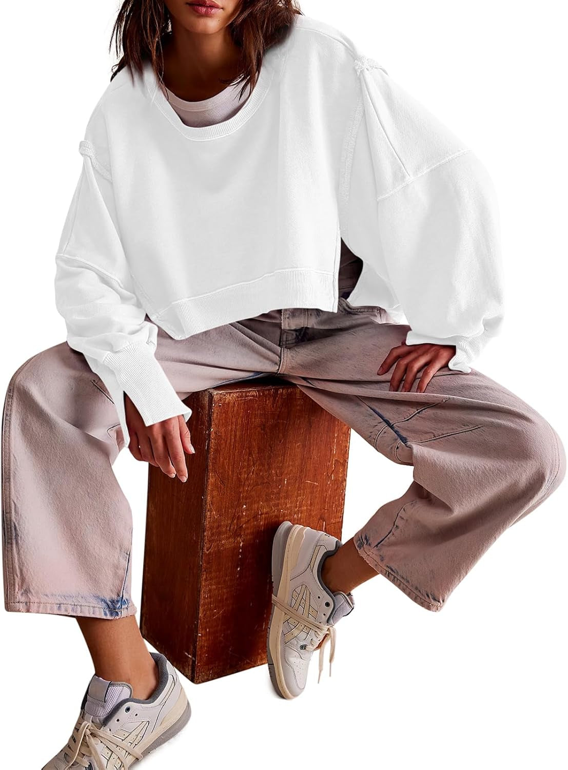 Womens Casual Sweatshirt Long Sleeve Tops Crewneck Loose Fit Tee Pullover Crop Tshirt Side Slit Fall Fashion 2024