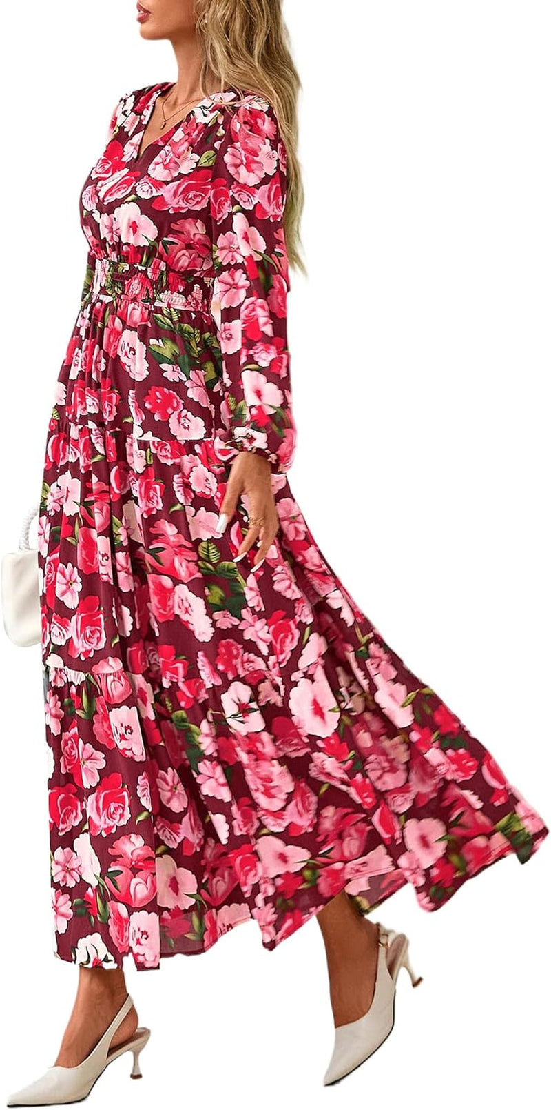 Long Sleeve Maxi Fall Dresses for Women 2026 Vneck Smocked Boho Floral Tiered Swing Flowy Wedding Guest Dress