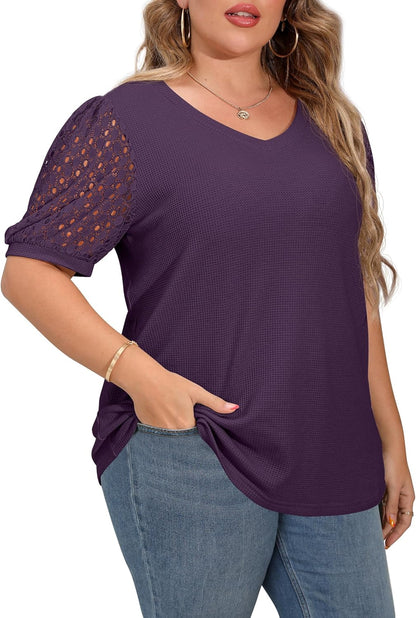 plus Size Tops for Women Summer Blouse Waffle Knit Short Lace Sleeve Shirts